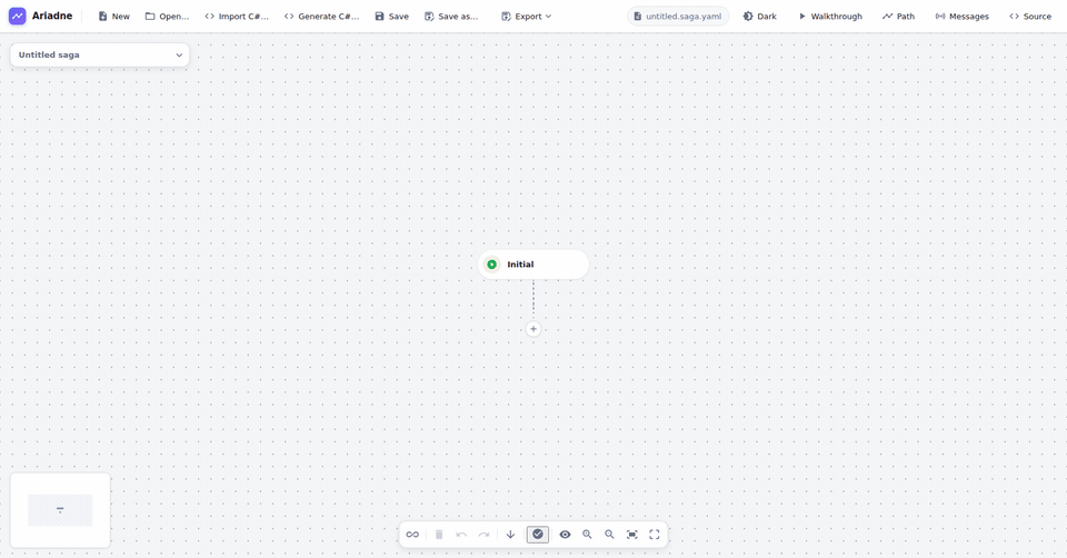 Drawing a saga from scratch: a new saga is named, a state is added with the plus button and named, a second state follows, and the transition between them gets its event