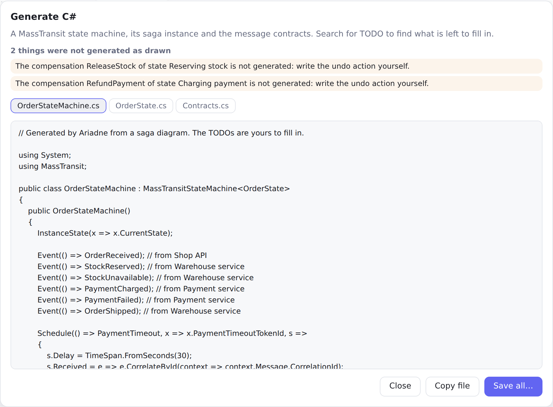The generate dialog: tabs for the three files, the C# of the state machine, and the buttons Close, Copy file and Save all