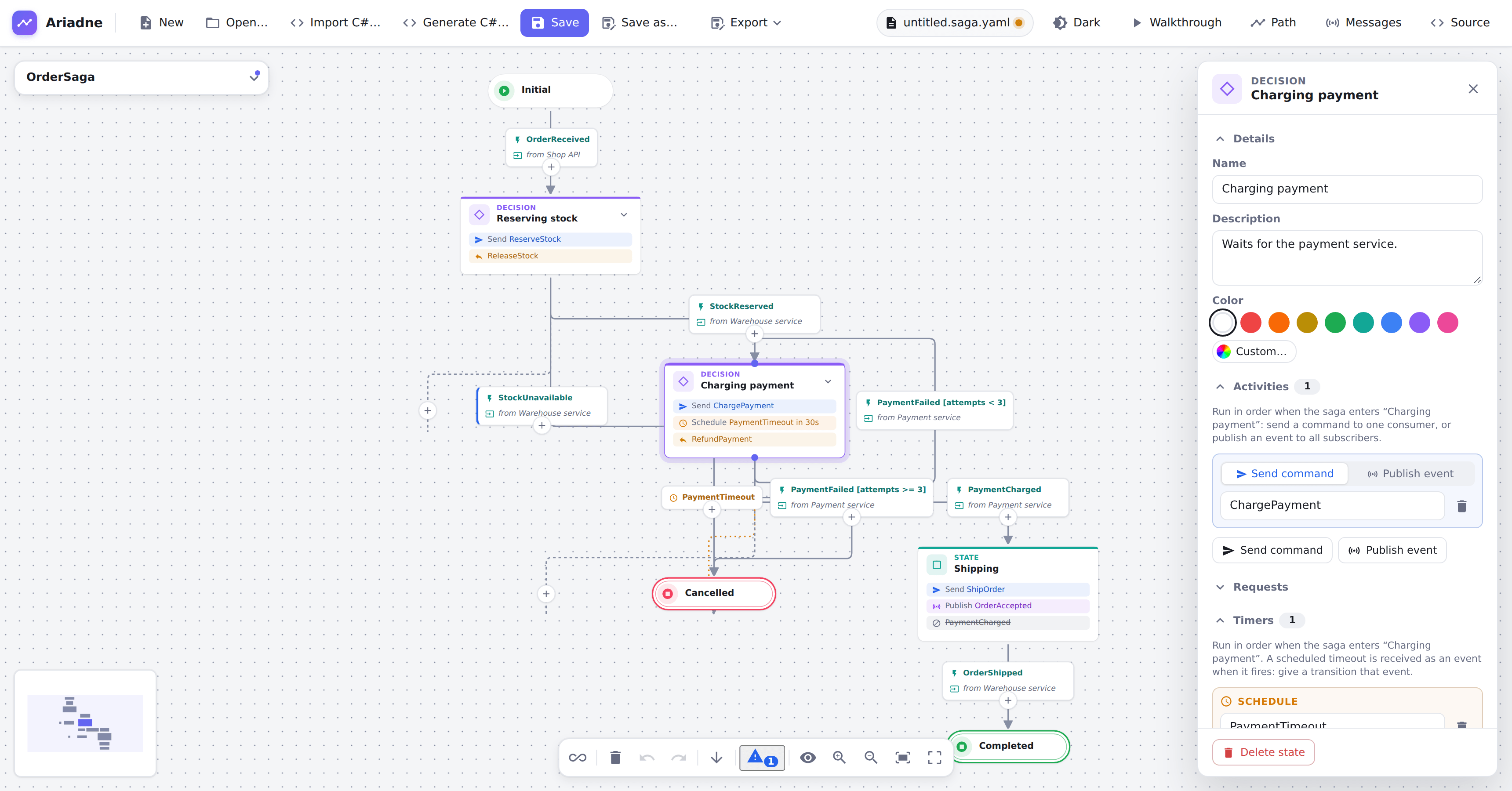 The order sample open in the editor. The state “Charging payment” is selected and its details are in the inspector on the right: its name and description, the command it sends, and its timeout