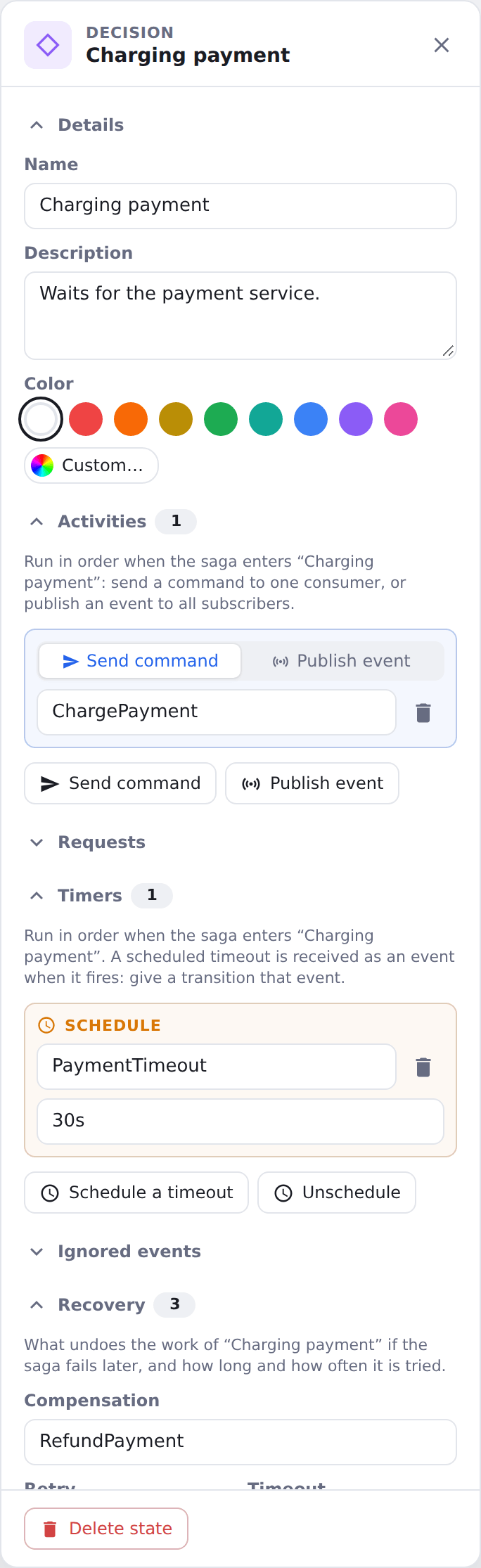 The inspector of the state “Charging payment”: its name and description, the command it sends, and the timeout it schedules