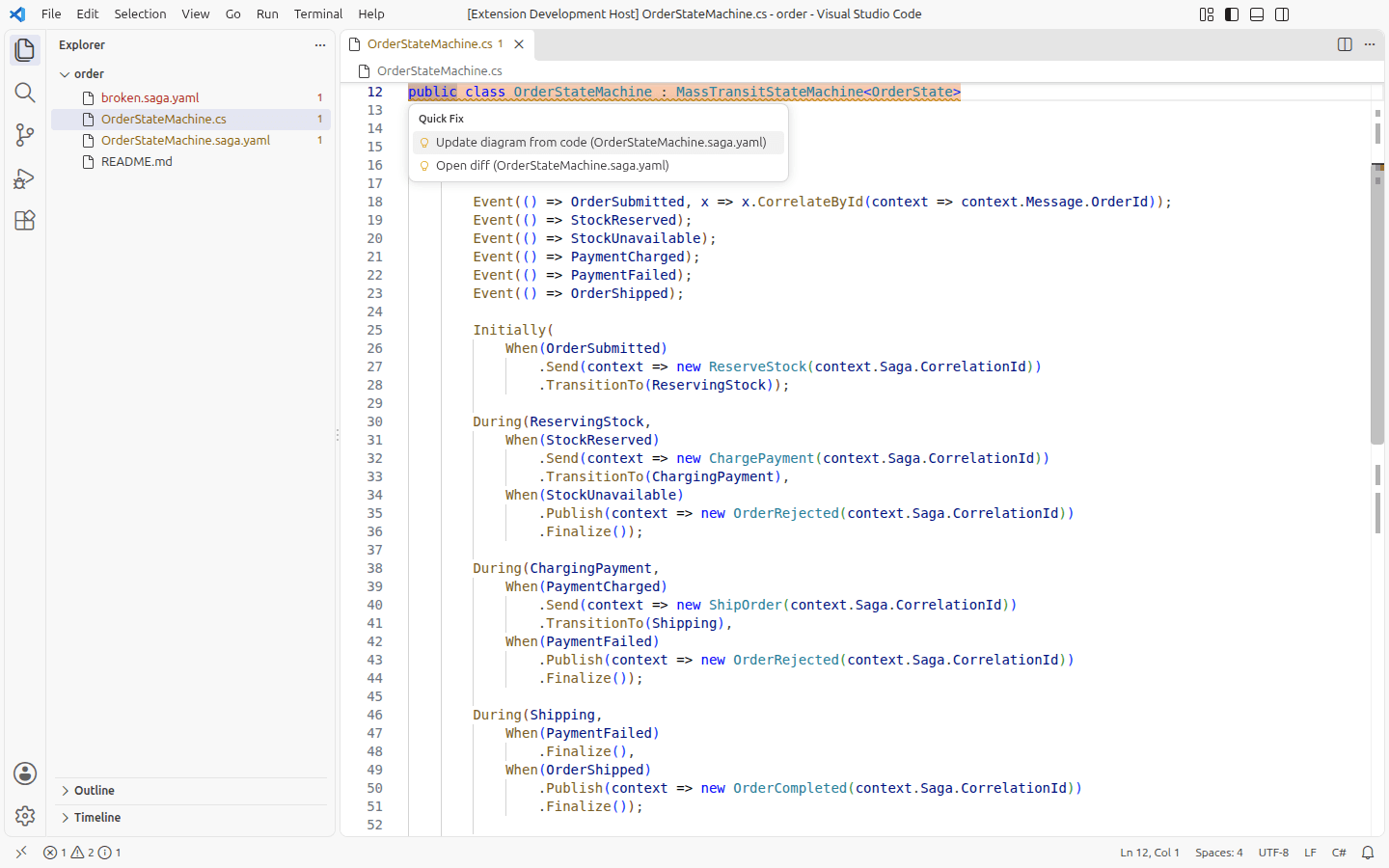 The Quick Fix menu on the state machine class in the C# file, offering Update diagram from code and Open diff