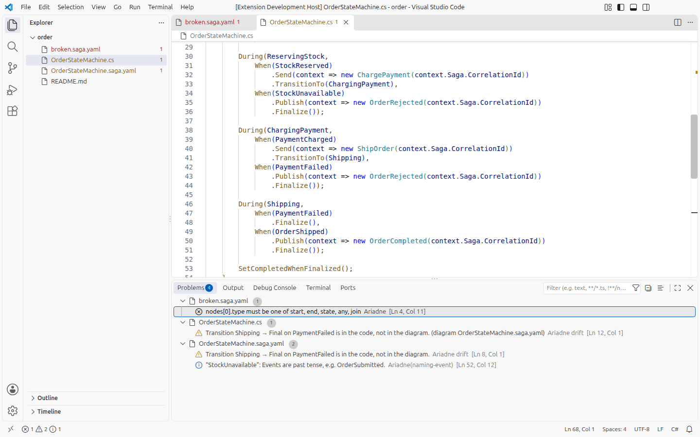 The Problems panel of VS Code listing an error in a diagram that cannot be read, and a warning on both the C# and the diagram that a transition from Shipping to the final state is in the code but not in the diagram