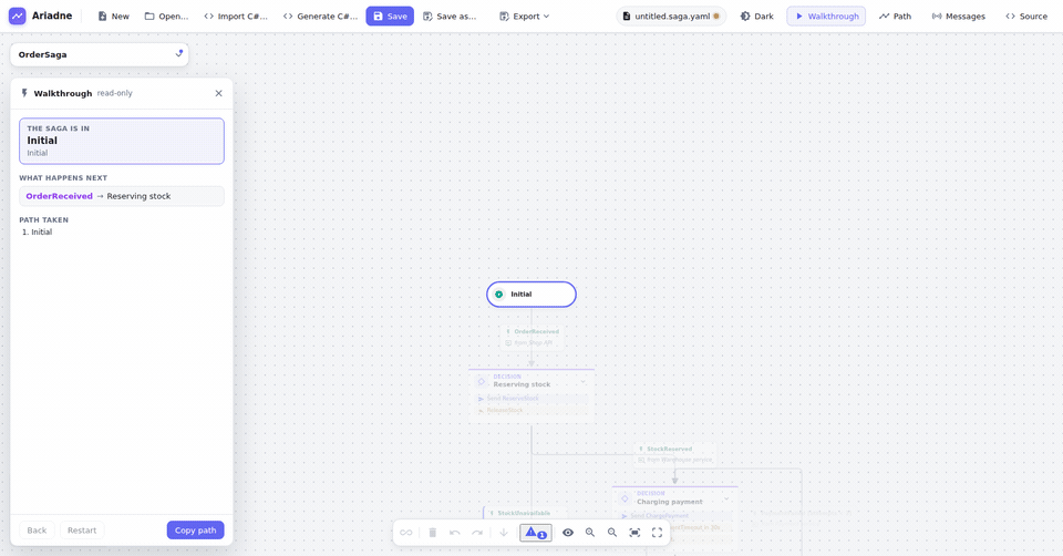 The walkthrough of the order sample: three steps, each choosing an event that happens next, with the saga moving from state to state